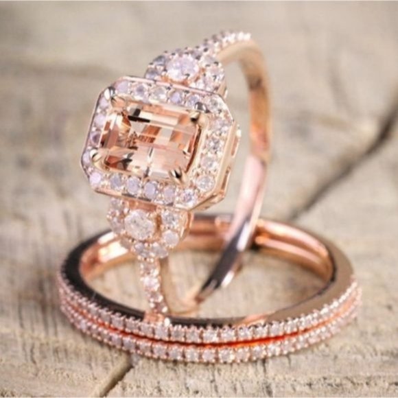 NEW 18K Rose Gold  Morganite 2 Piece Ring Set - Picture 1 of 13